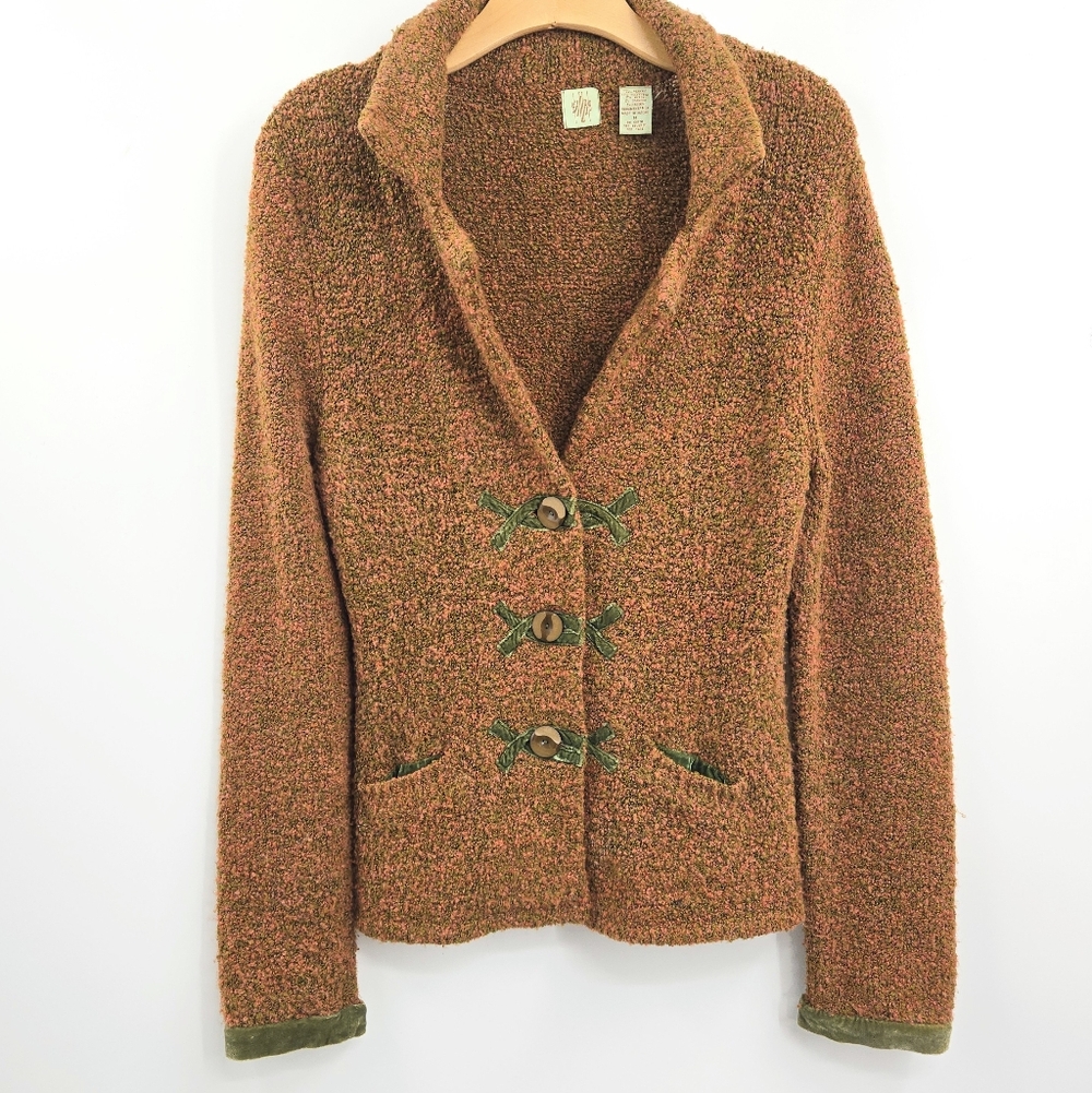 Anthropologie HWR Monogram Sweater Blazer‎ Rust Knit Green Velvet Trim